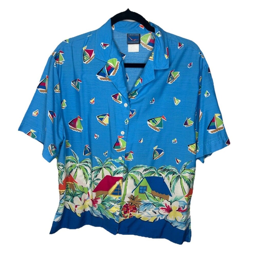 Vintage 80s Jantzen Aloha Hawaiian Sailboat Mens Size Medium Short Sleeve Shirt